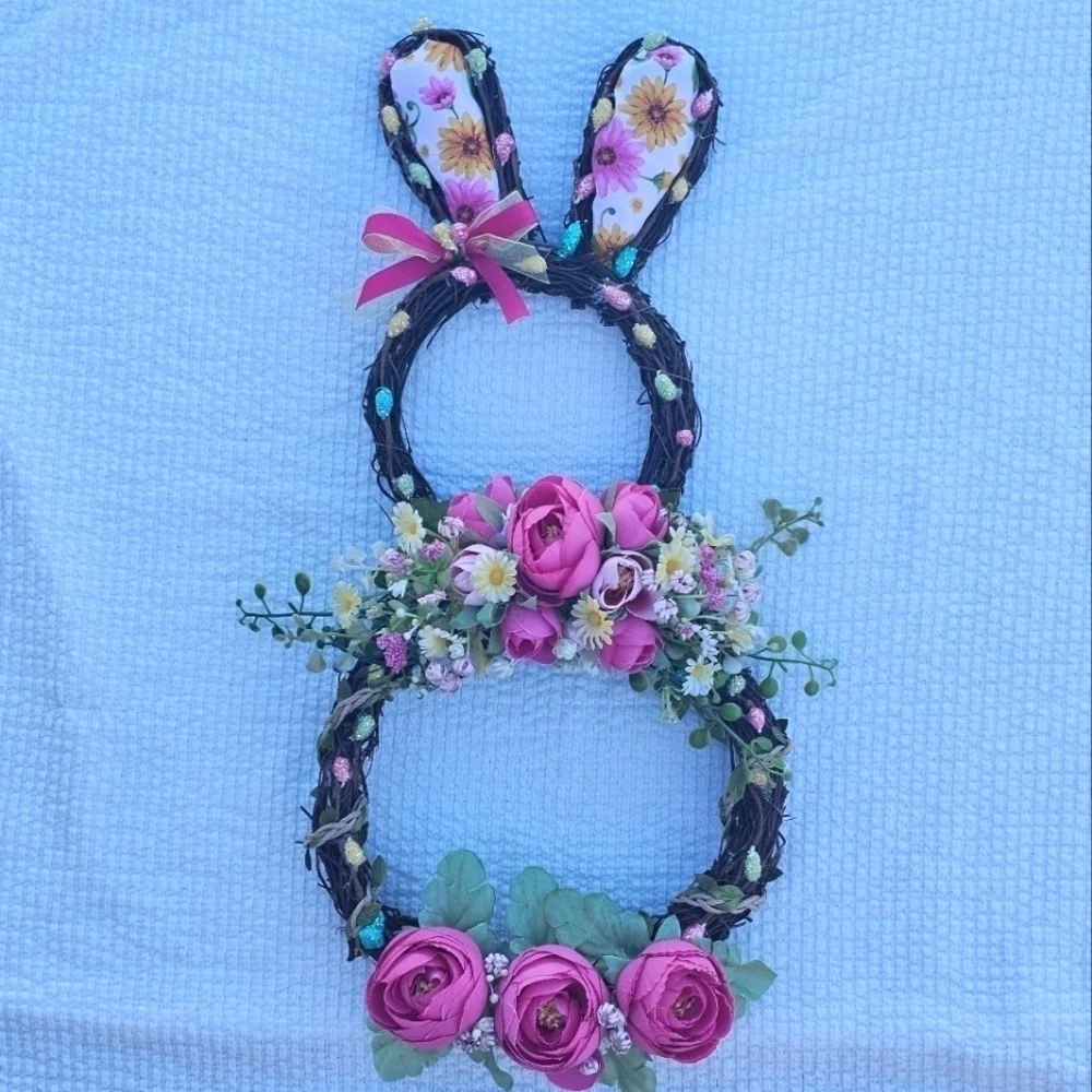 Handmade floral bunny Spring/Easter Wreath with Different shades of pink florals